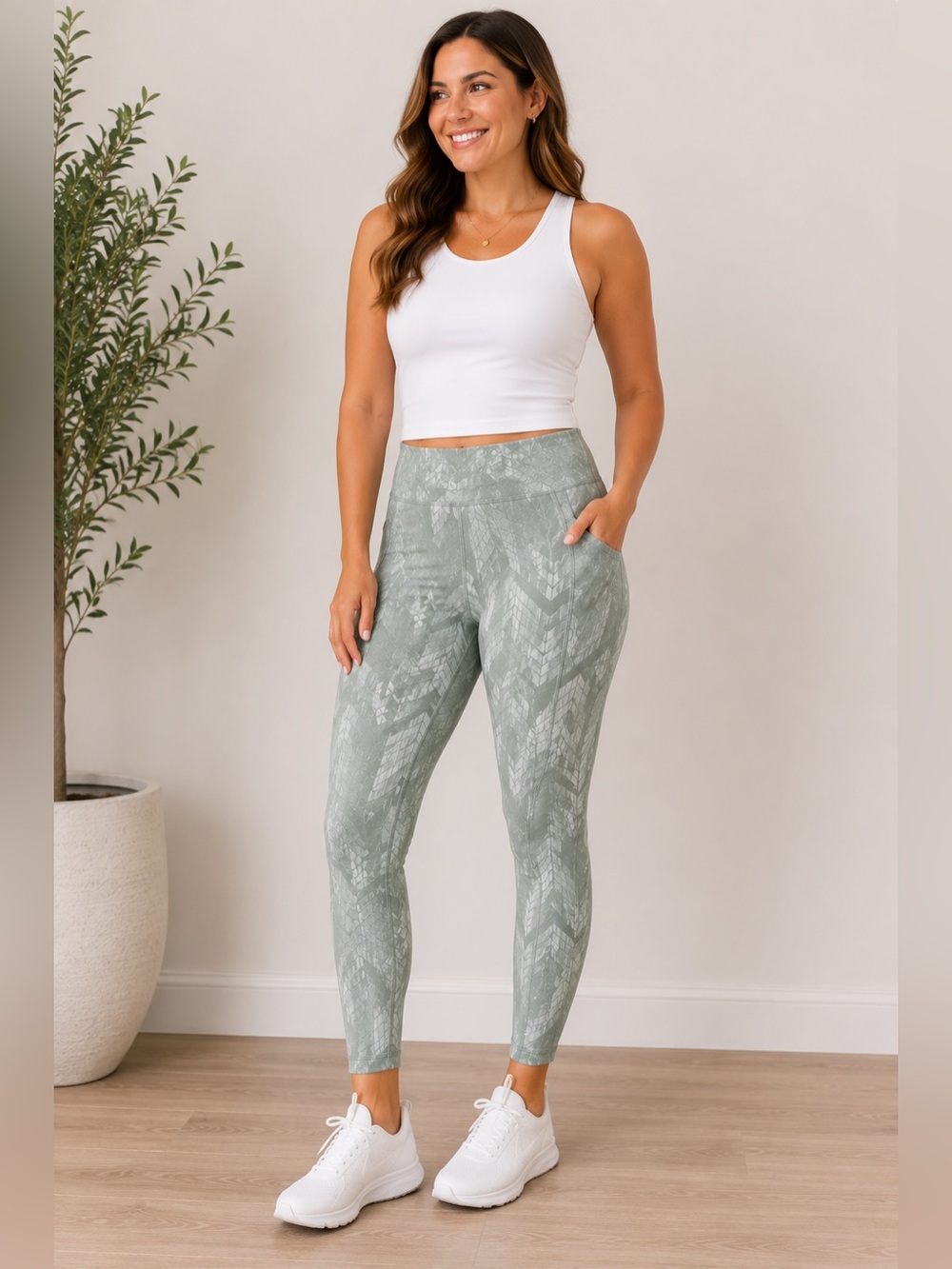 Sage Green Performance Leggings | Side and Hidden Waist Pockets| Size L (est)